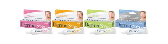 1.DermaScar classic, the original formula, clinically tested; 2. DermaScar Plus E with added antioxidant Vitamin E and moisturising properties; 3. DermaScar Ultra C with added antioxidants Vitamin C helps lighten scars and reduce scar pigmentation; and 4. DermaScar Platinum C&E (see benefits above).