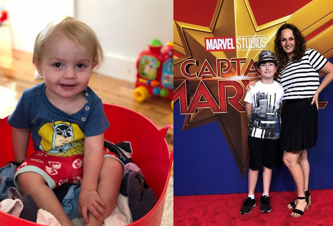 Franki's son Louis (left, and Franki with her eldest son Maxwell, 10, at the Captain Marvel premiere.