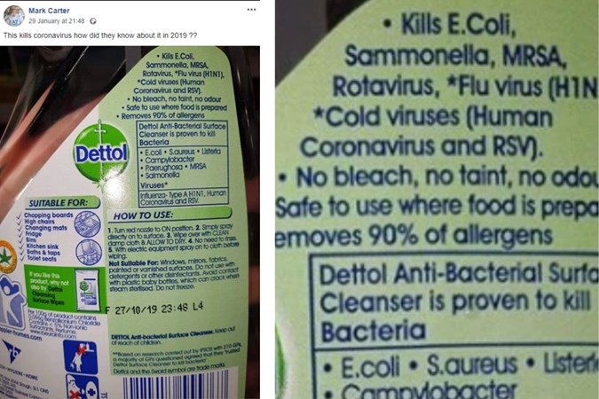 One shopper shared a post on Facebook pointing out Dettol's ability to kill coronavirus. Image: Mark Carter/Facebook