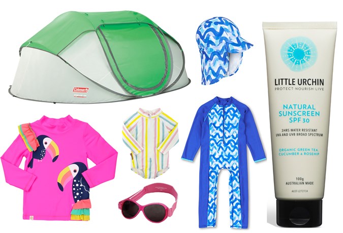 Everything but the kitchen sink... The sun smart kit: A pop-up tent, to keep the littlies in the shade, Rays Outdoor, member price, $119; Cancer Council Victoria Blue Waves Legionnaires hat, $$22.95, and All-In-One, $44.95; Little Urchin Natural Sunscreen, $24.95 - Avoid prolonged exposure in the sun, Wearing protective clothing, hats and eyewear when exposed to the sun); Baby Banz sunglasses, $24.95; Sooki Baby Multi Stripe All In One Zip Rashie, $42.95; Cancer Council Girls Long Sleeve Rash Vest 50+UPF available at Big W, $20.